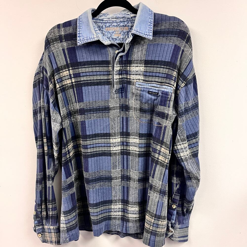 Vintage Men's 1990's Fryday Club XL plaid denim collared long sleeve thrashed